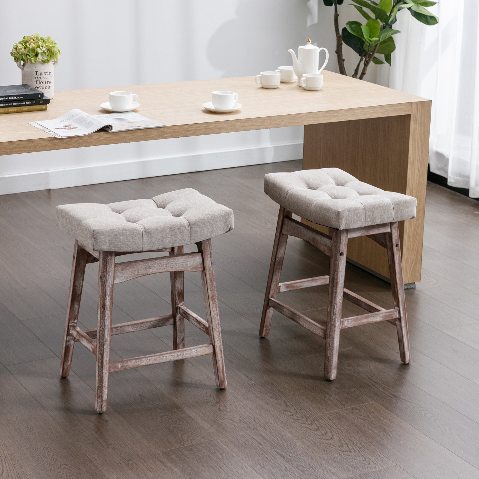 25" Beige Backless Counter Stools - Set of Two