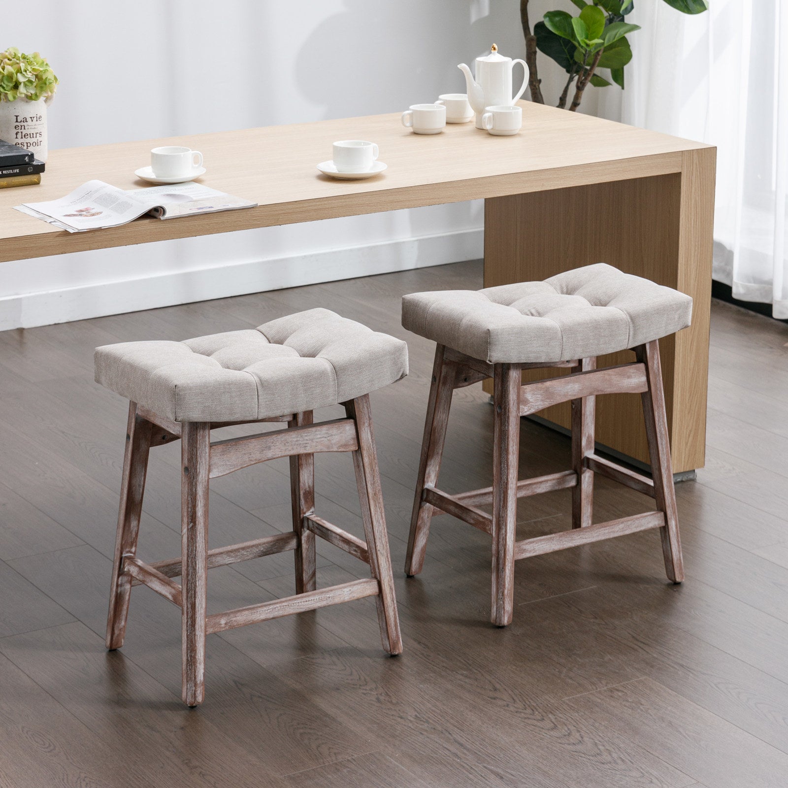 25" Beige Backless Counter Stools - Set of Two