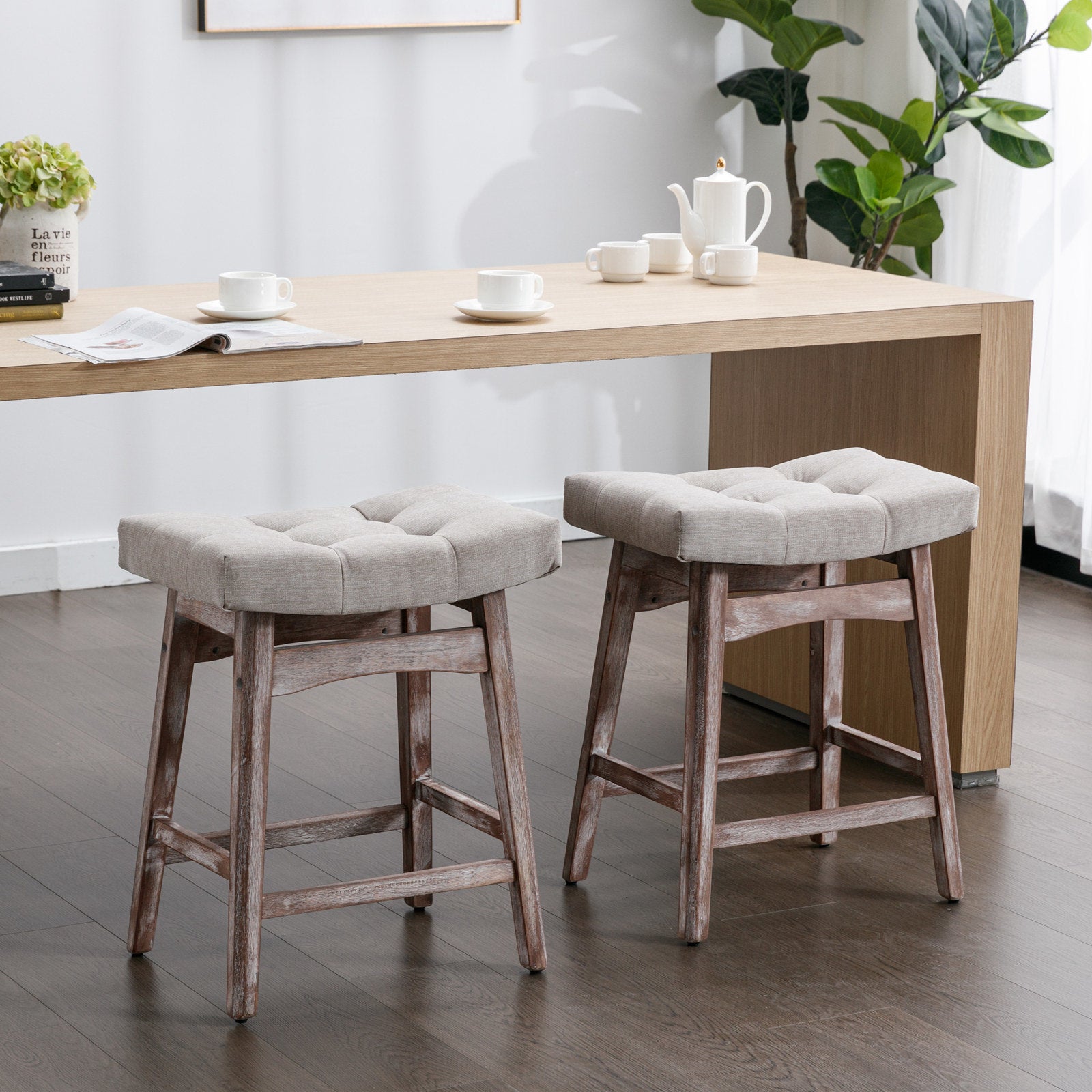 25" Beige Backless Counter Stools - Set of Two